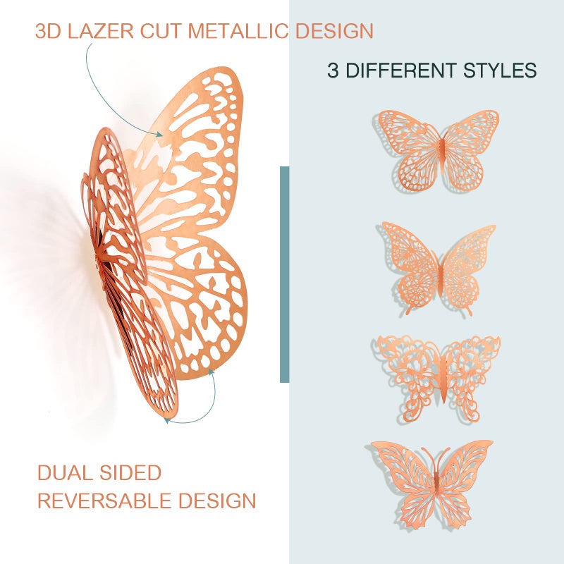 XUNXMAS 3D Gold Butterfly Wall Decor 3 Sizes 4 Styles Butterfly Party Decorations Cake Decorations Removable Stickers Wall Decor Room Mural Metallic Kids (Rose Gold, 96Pcs) - Image 3